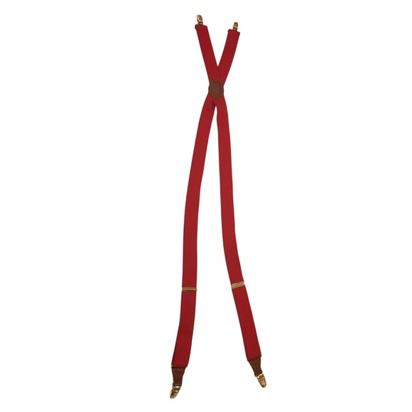 Other - VTG Men's Red Suspenders CAS W Germany Y-Back Red w Brown Leather Clip Down